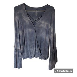 American Eagle Soft & Sexy Blue Tie-Dye Faux Wrap Top Medium